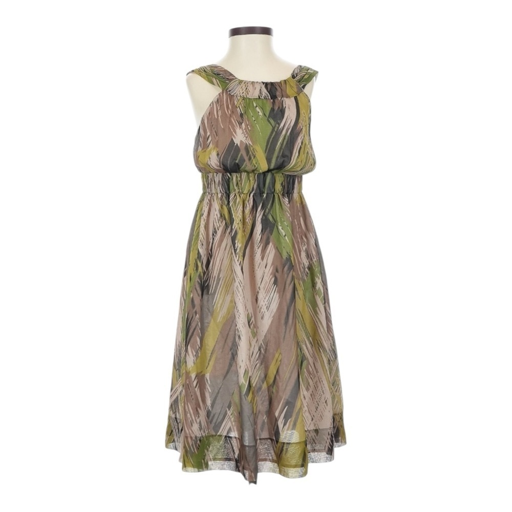 NWT Anthropologie Silk Midi Dress 0 Abstract Print Green Brown Sleeveless Boho